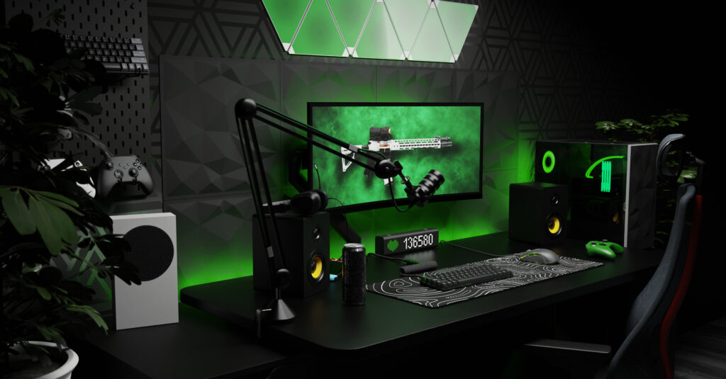 A general view of the comfortable workplace of a professional gamer and eSports player. The interior is in dark colours.